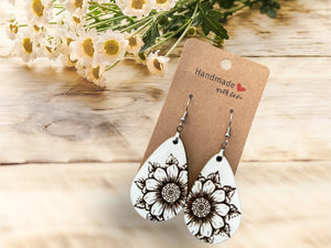 Earrings Wood Engraved Sunflowers White - Wooden Hearts Inc