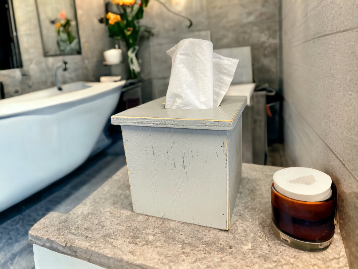 TISSUE BOX COVER, Wood Holder, Square, Kitchen Bathroom, Wooden rustic distressed decor - Wooden Hearts Inc