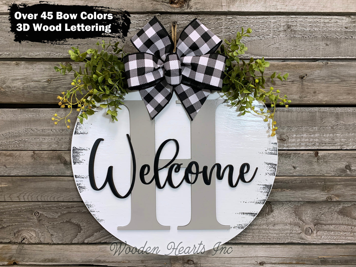 WELCOME + Monogram Letter 16" Round Letter Sign, Custom, Personalize, Door Sign - Wooden Hearts Inc