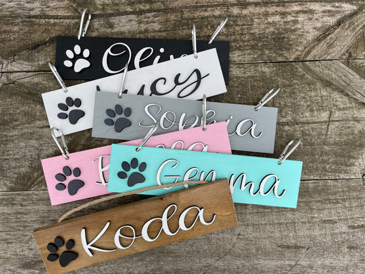 DOG Sign Kennel Custom Name Cat Puppy Kitten Bed 12x3 Wood Hanger Paw Personalize Gift Home - Wooden Hearts Inc