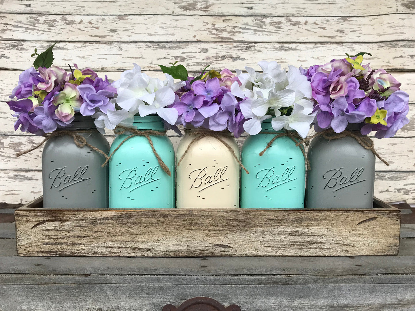 Mason Jar Centerpiece Wood TRAY + 5 Mason QUART Jars (Flowers optional) Table Decor - Wooden Hearts Inc