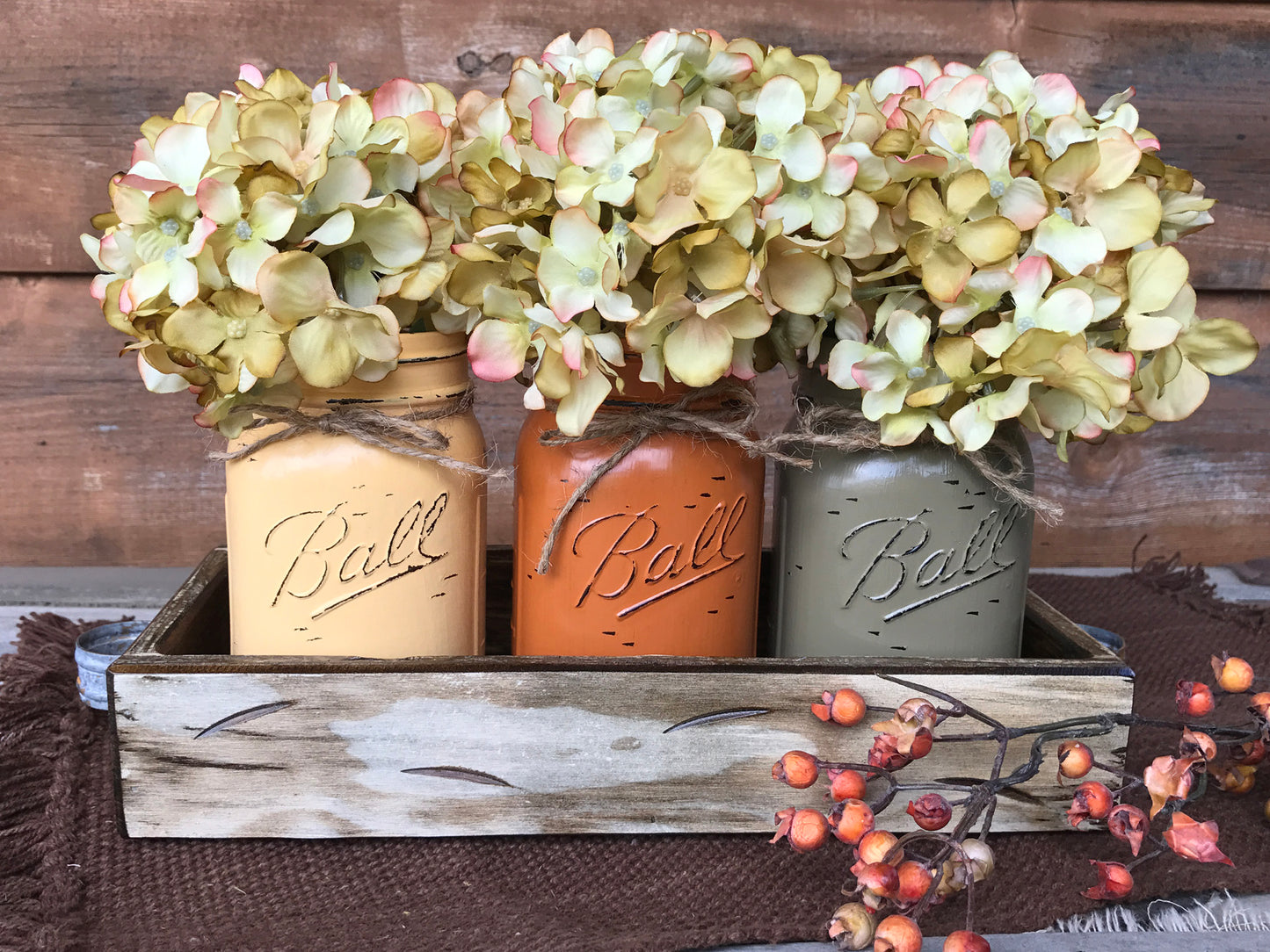 FALL MASON 3 Jars Wood Tray Decor for Thanksgiving Centerpiece (Flowers optional) Ball Pint - Wooden Hearts Inc