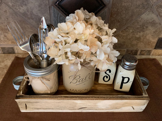 Ball MASON Jar Kitchen 5pc SET Wood TRAY, Pint Vase Flower, Salt & Pepper Shakers Jars Centerpiece - Wooden Hearts Inc