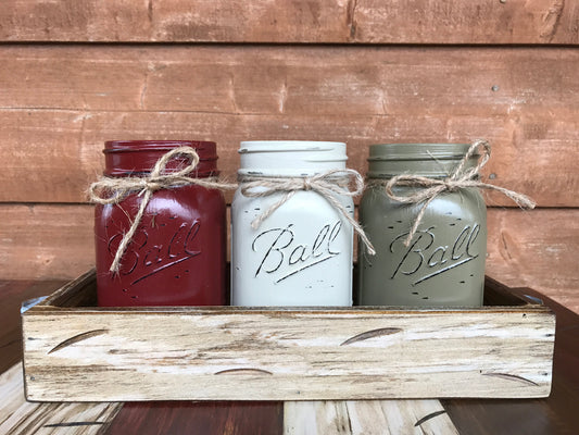 CHRISTMAS HOLIDAY 3 Pint Jar + Wood Tray Centerpiece (Florals / Flowers optional) Ball Mason - Wooden Hearts Inc