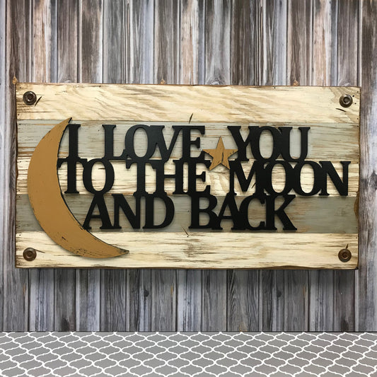 I love you to the Moon & Back Wood SIGN *Distressed Wood Wall *Rustic Decor 26X14 - Wooden Hearts Inc