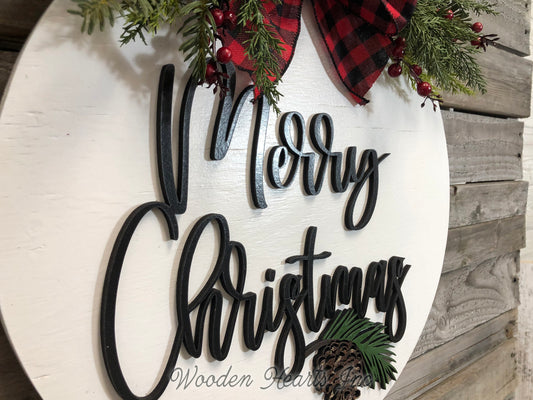 Seasons Greetings Door Hanger Happy Holidays, Merry Christmas, Wreath Custom 16" Round Sign - Wooden Hearts Inc