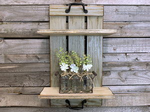 Wall SHELF Wood Tray Style with Metal Handles, *Bathroom Kitchen *Distressed White Brown Gray - Wooden Hearts Inc