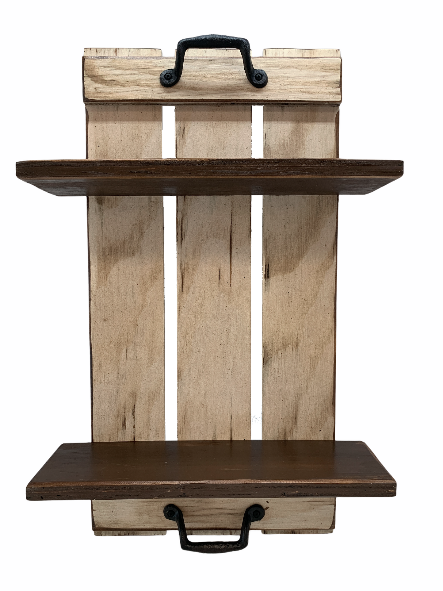 Wall SHELF Wood Tray Style with Metal Handles, *Bathroom Kitchen *Distressed White Brown Gray - Wooden Hearts Inc