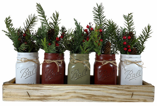 CHRISTMAS HOLIDAY Large Tray Centerpiece + 5 Pint Jars (Florals / Flowers optional) Ball Mason - Wooden Hearts Inc