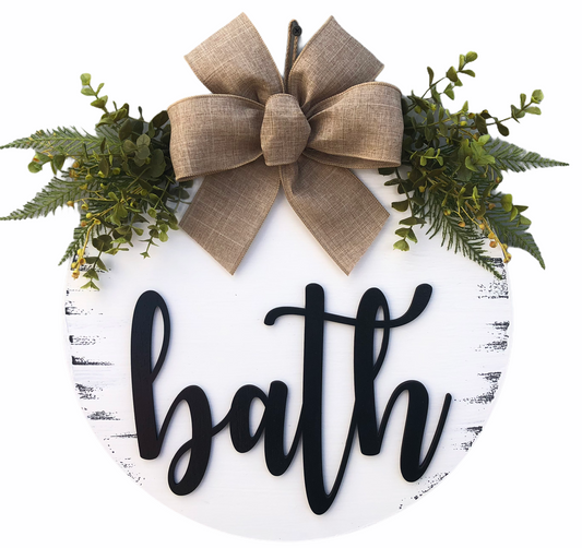Bathroom Wall Decor BATH 16" Round Sign Spring Wreath with EUCALYPTUS Door Decoration - Wooden Hearts Inc
