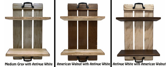 Wall SHELF Wood Tray Style with Metal Handles, *Bathroom Kitchen *Distressed White Brown Gray - Wooden Hearts Inc