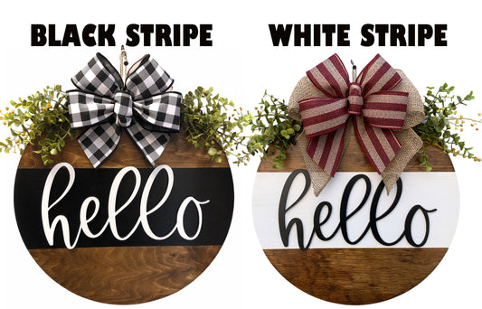 Hello Door Hanger with STRIPE Wreath 16" Everyday All year Round Sign - Wooden Hearts Inc