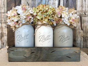 MASON Jar Centerpiece *3 QUART Jars in Wood Tray (Flowers optional) Table Decor - Wooden Hearts Inc