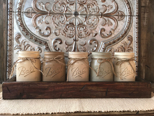 MASON Jar Decor Centerpiece Large Tray + 5 Pint Jars (Flowers optional) Table Decor - Wooden Hearts Inc
