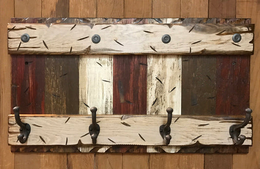 COAT RACK Wall with Metal 4 Hooks Rustic Sturdy Wood Entryway Office 28" - Wooden Hearts Inc