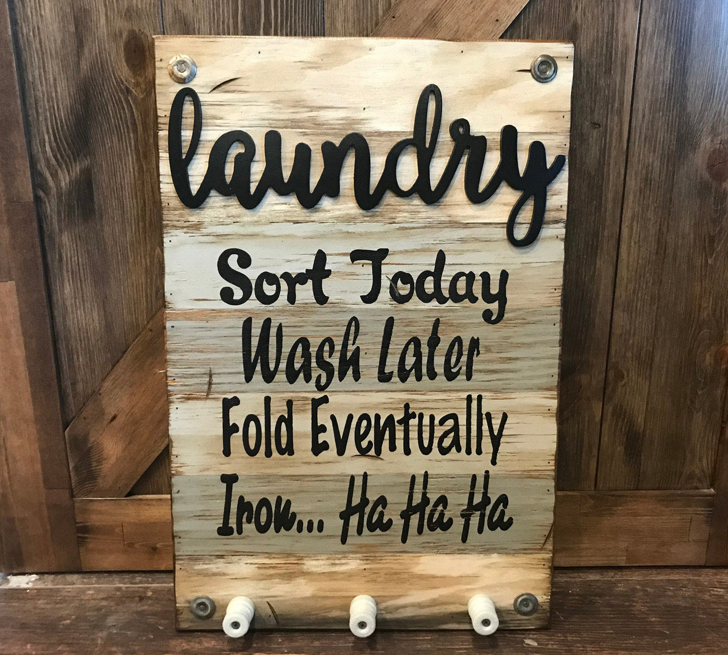 LAUNDRY Wooden SIGN with knobs *Sort Wash Fold Iron *Wood Wall Home Decor Room 16X24 - Wooden Hearts Inc
