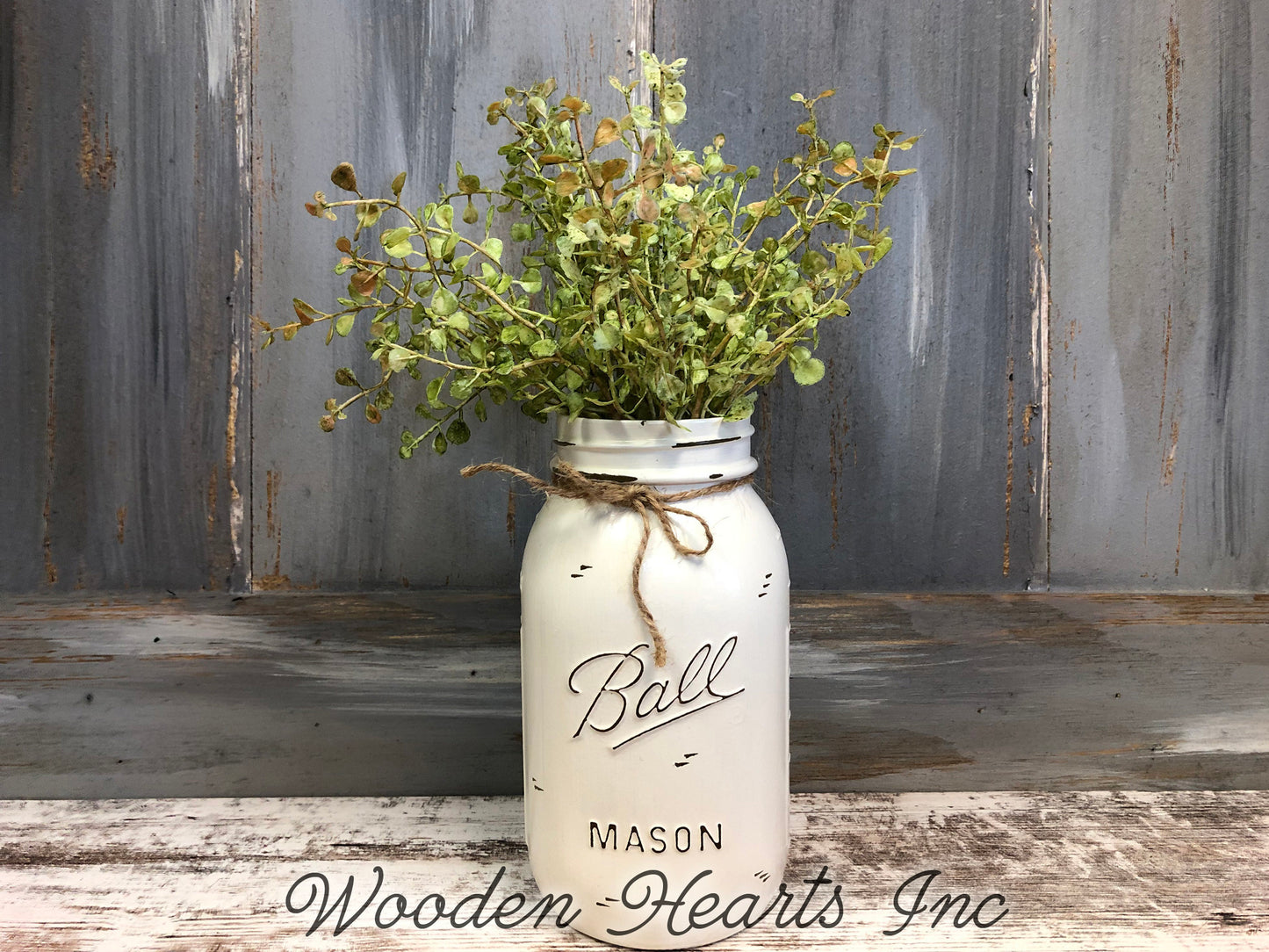 MASON Jar WEDDING Table Decor Distressed Ball QUART Painted Centerpiece (Flower Optional) - Wooden Hearts Inc