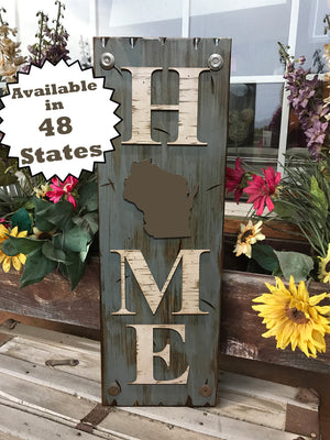 WISCONSIN Sign  Farm Home Lake Welcome word, Rustic Distressed Wood 50 States WI - Wooden Hearts Inc