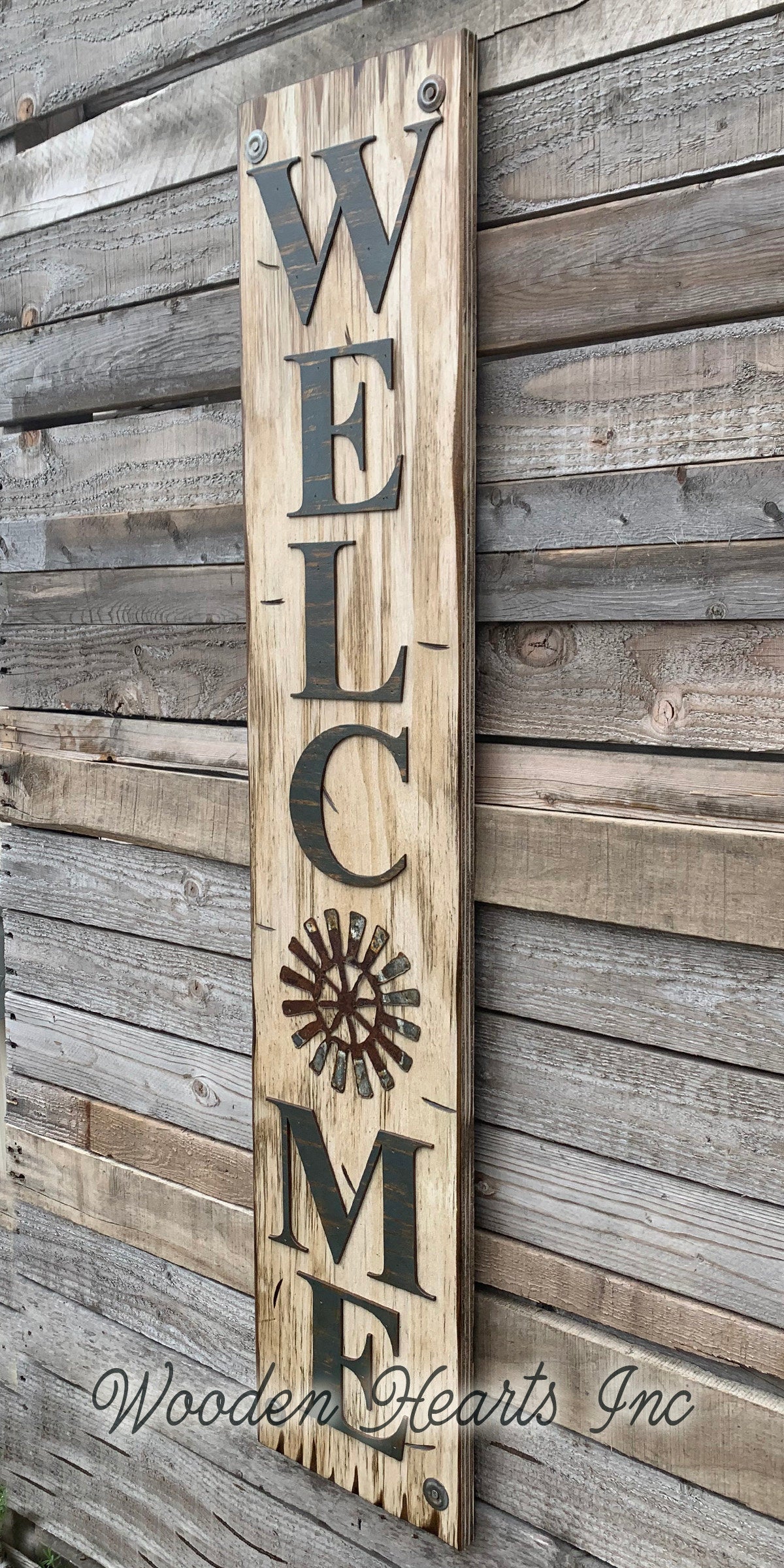 Windmill Wall Decor Sign *Home Farmhouse * Welcome, Rustic Distressed Wood - Wooden Hearts Inc