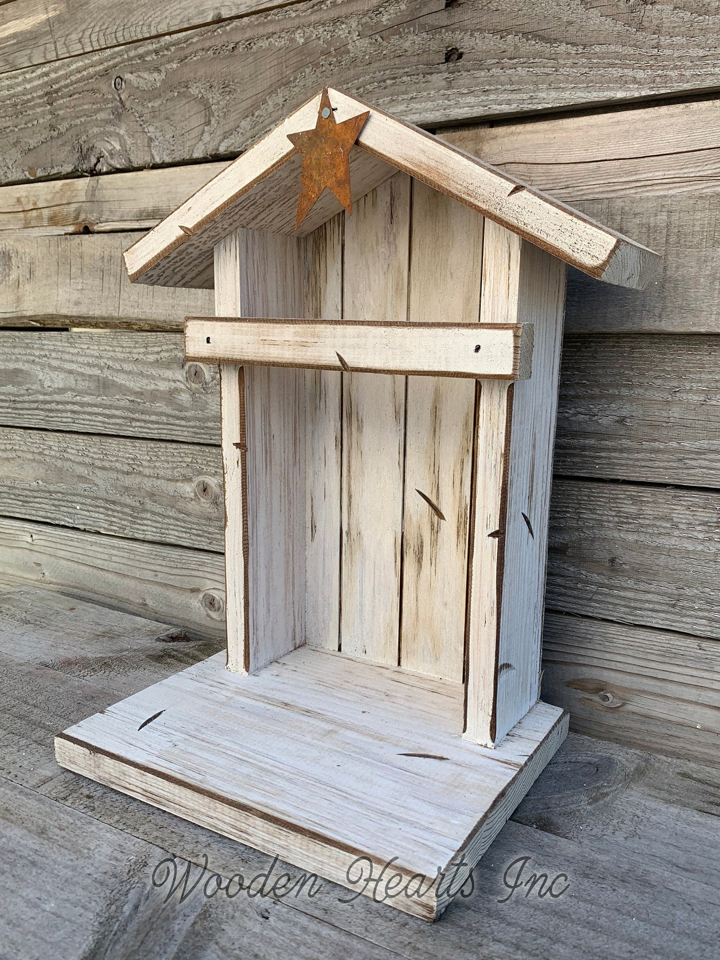 STABLE Top CRECHE for Nativity *WOOD Christmas Decor ***ANTIQUE WHITE*** - Wooden Hearts Inc