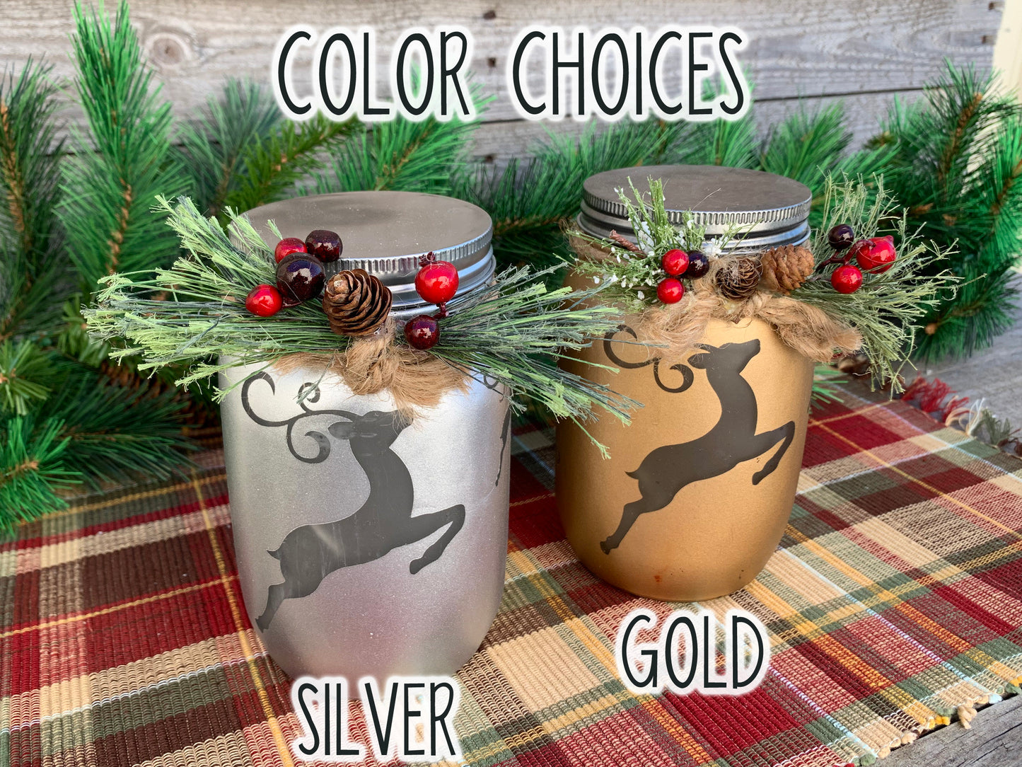 Christmas Jar Reindeer Snowflake Tree with Lid Lights Mason Silver Gold Quart Holiday Pine Berries - Wooden Hearts Inc