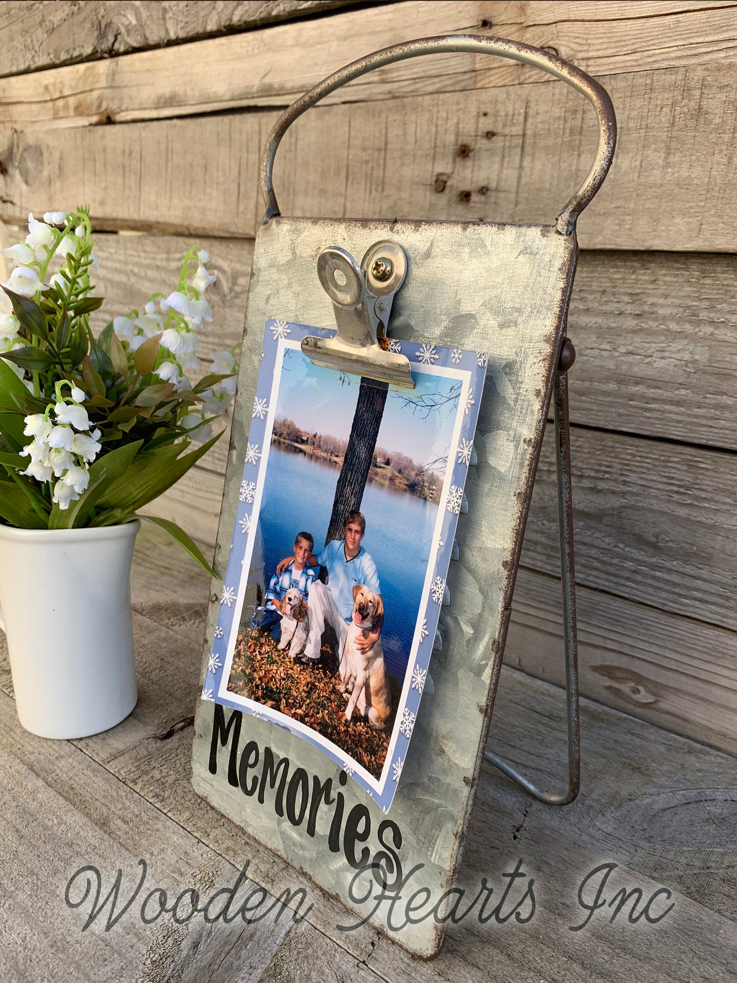 Family PHOTO HOLDER Metal Antique Cheese Grater Picture Frame 4x6 Grand Dogs - Wooden Hearts Inc
