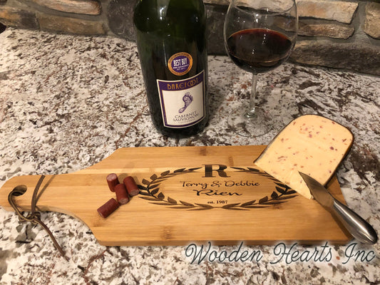 CUTTING BOARD PADDLE Personalized Engraved Wood Wedding Anniversary Gift Name Est Date - Wooden Hearts Inc