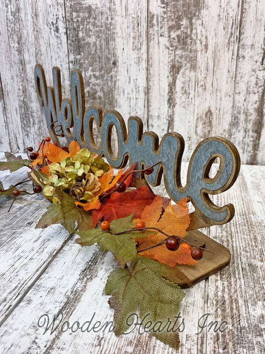 FALL DECOR Welcome Give Thanks Standing Cutout Word Sign Leaves Greenery Garland Thanksgiving - Wooden Hearts Inc