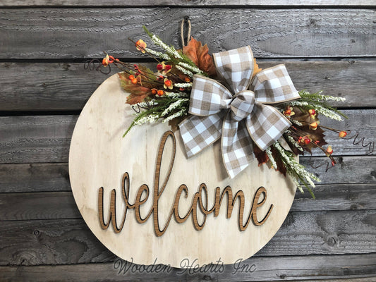 FALL Door hanger PUMPKIN sign Wreath WELCOME or Blessed Sign Wood 16" 3D Bow Leaves - Wooden Hearts Inc