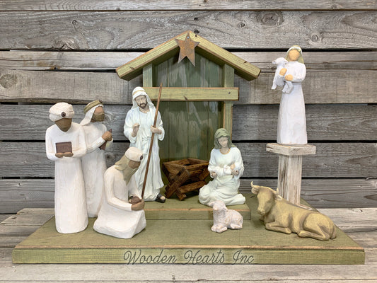 STABLE WOODEN Creche *Nativity Christmas Decor ***GREEN*** - Wooden Hearts Inc