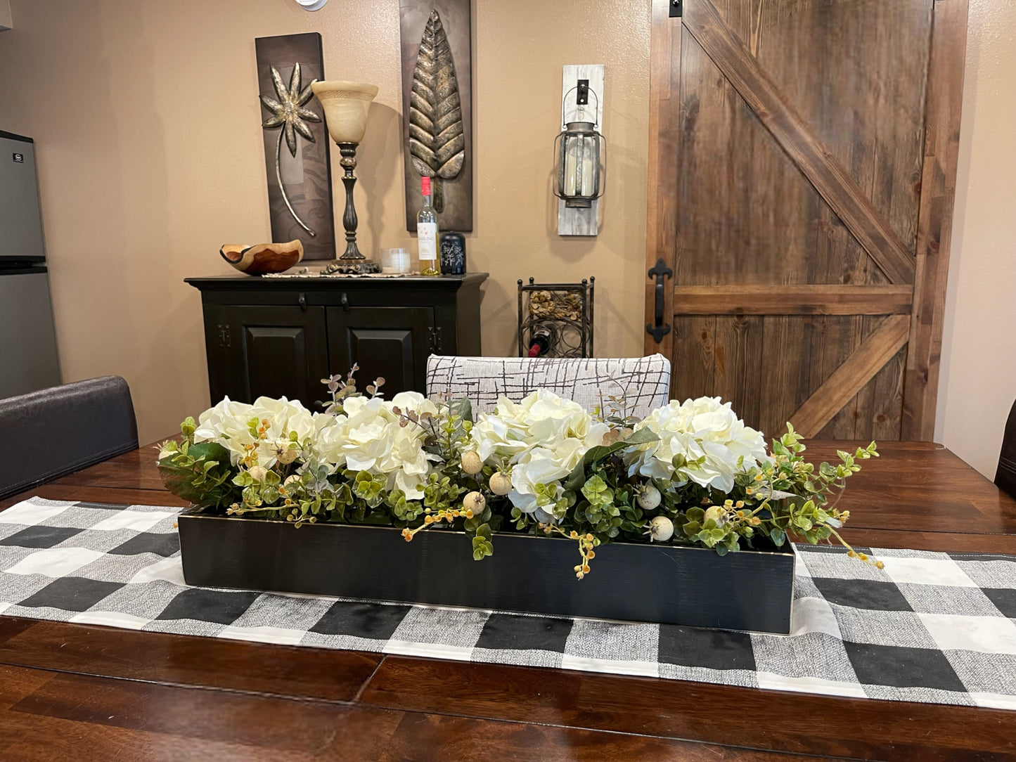 Centerpiece Table Farmhouse  CUSTOM [Kitchen Table Dining room Mantle Coffee Table]Floral Arrangement Hydrangea Boxwood Greenery Planter Box - Wooden Hearts Inc