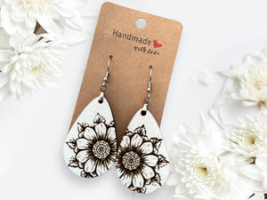 Earrings Wood Engraved Sunflowers White - Wooden Hearts Inc