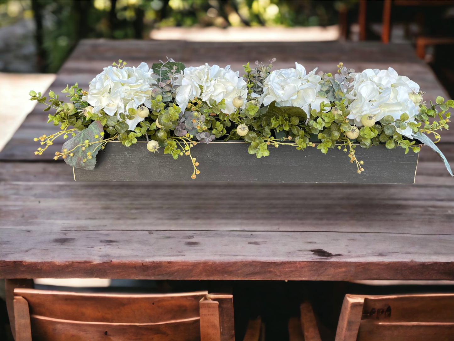 Centerpiece Table Farmhouse  CUSTOM [Kitchen Table Dining room Mantle Coffee Table]Floral Arrangement Hydrangea Boxwood Greenery Planter Box - Wooden Hearts Inc