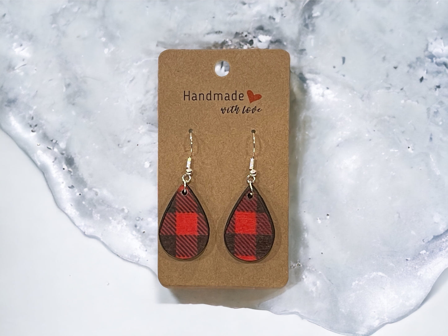 EARRINGS Buffalo Plaid [Red Black] Stainless steel Hypo-Allergenic [ Hanging Teardrop Dangle Boho] Light weight Wood - Wooden Hearts Inc