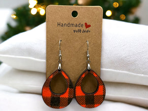 EARRINGS Buffalo Plaid Teardrop Winter [Red Black] Stainless steel Hypo-Allergenic [ Hanging Teardrop Dangle Boho] Light weight Wood Holiday - Wooden Hearts Inc