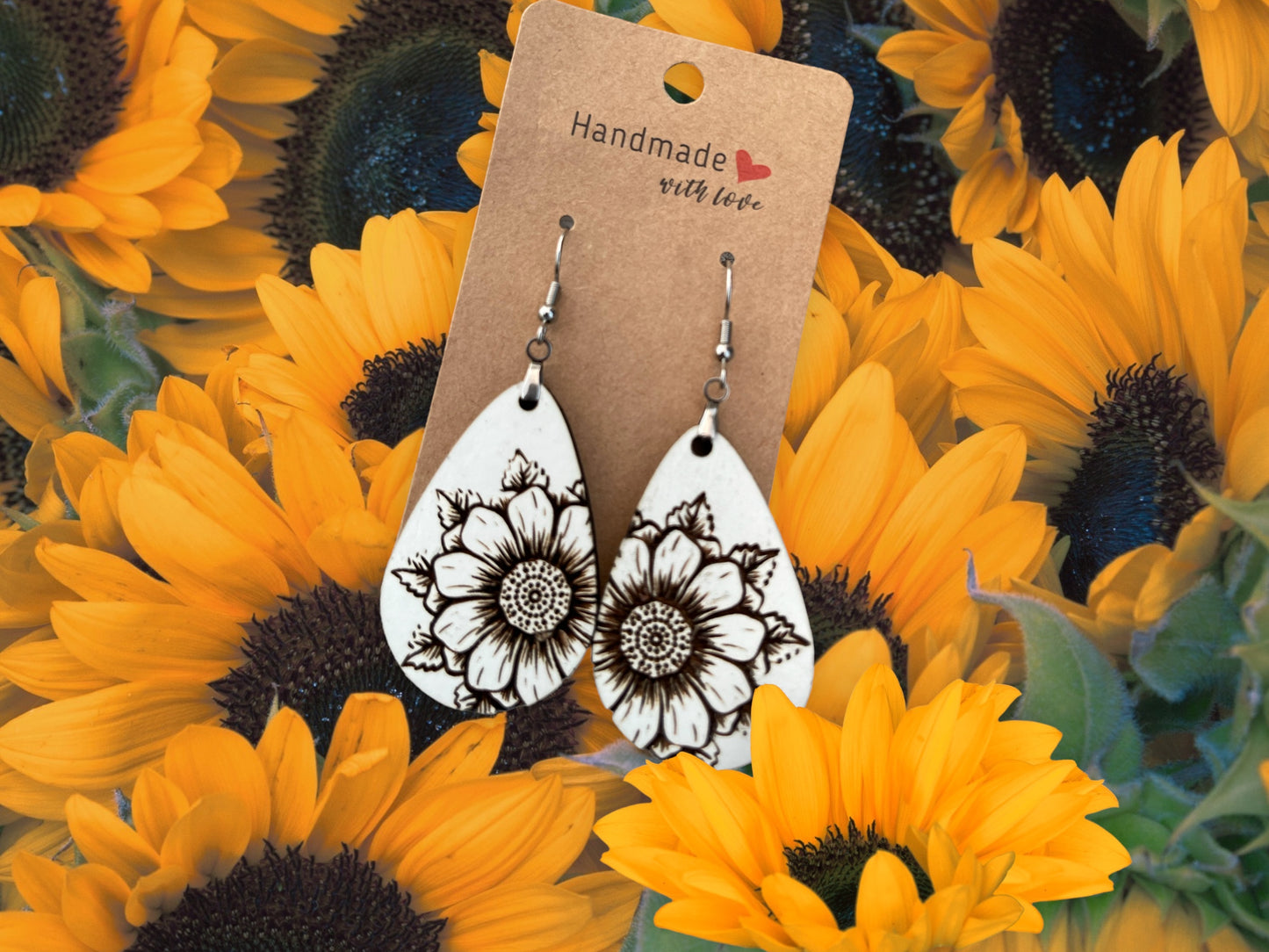 Earrings Wood Engraved Sunflowers White - Wooden Hearts Inc