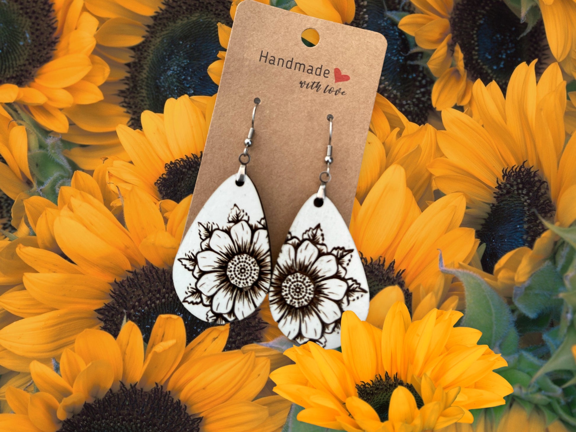 Earrings Wood Engraved Sunflowers White - Wooden Hearts Inc
