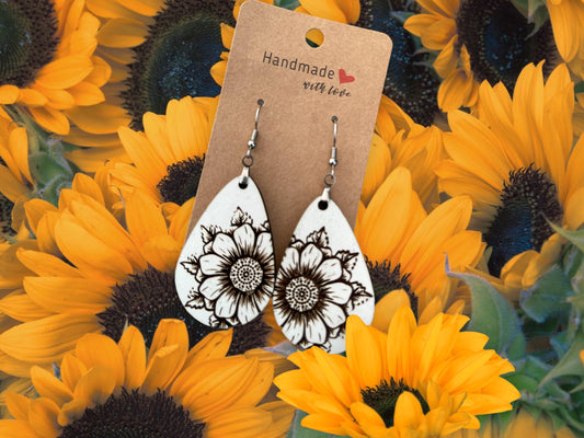 Earrings Wood Engraved Sunflowers White - Wooden Hearts Inc