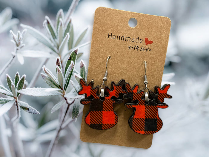 Copy of EARRINGS Buffalo Plaid Reindeer Winter [Red Black] Stainless steel Hypo-Allergenic [ Hanging  Dangle Boho] Light weight Wood Holiday