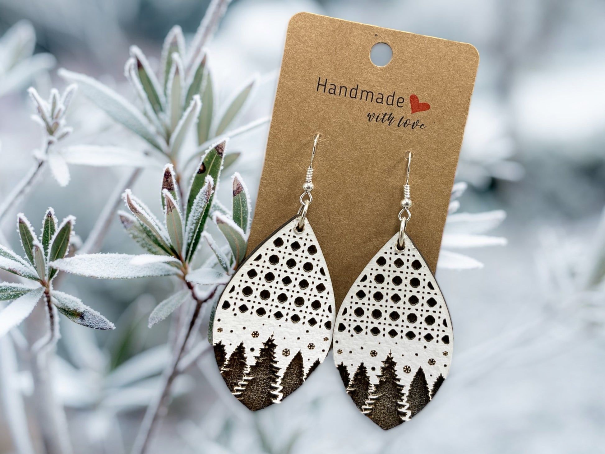 EARRINGS Engraved Teardrop Winter Trees [Red Black] Stainless steel Hypo-Allergenic [ Hanging  Dangle Boho] Light weight Wood Holiday - Wooden Hearts Inc