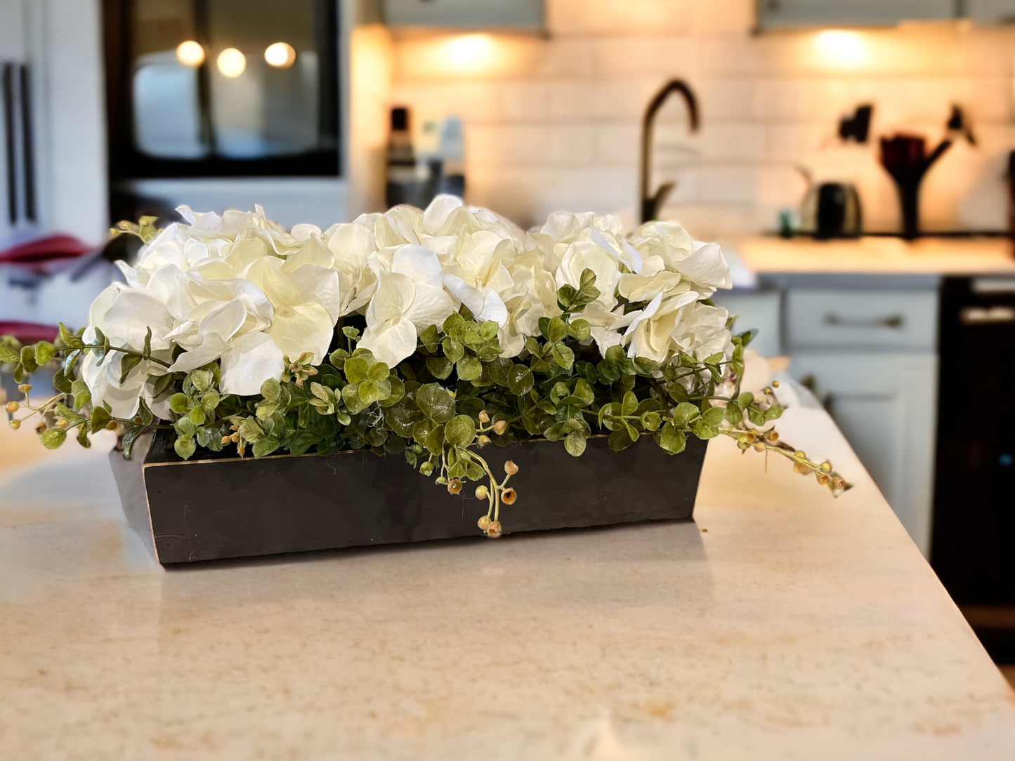 Centerpiece Table Farmhouse  CUSTOM [Kitchen Table Dining room Mantle Coffee Table]Floral Arrangement Hydrangea Boxwood Greenery Planter Box - Wooden Hearts Inc