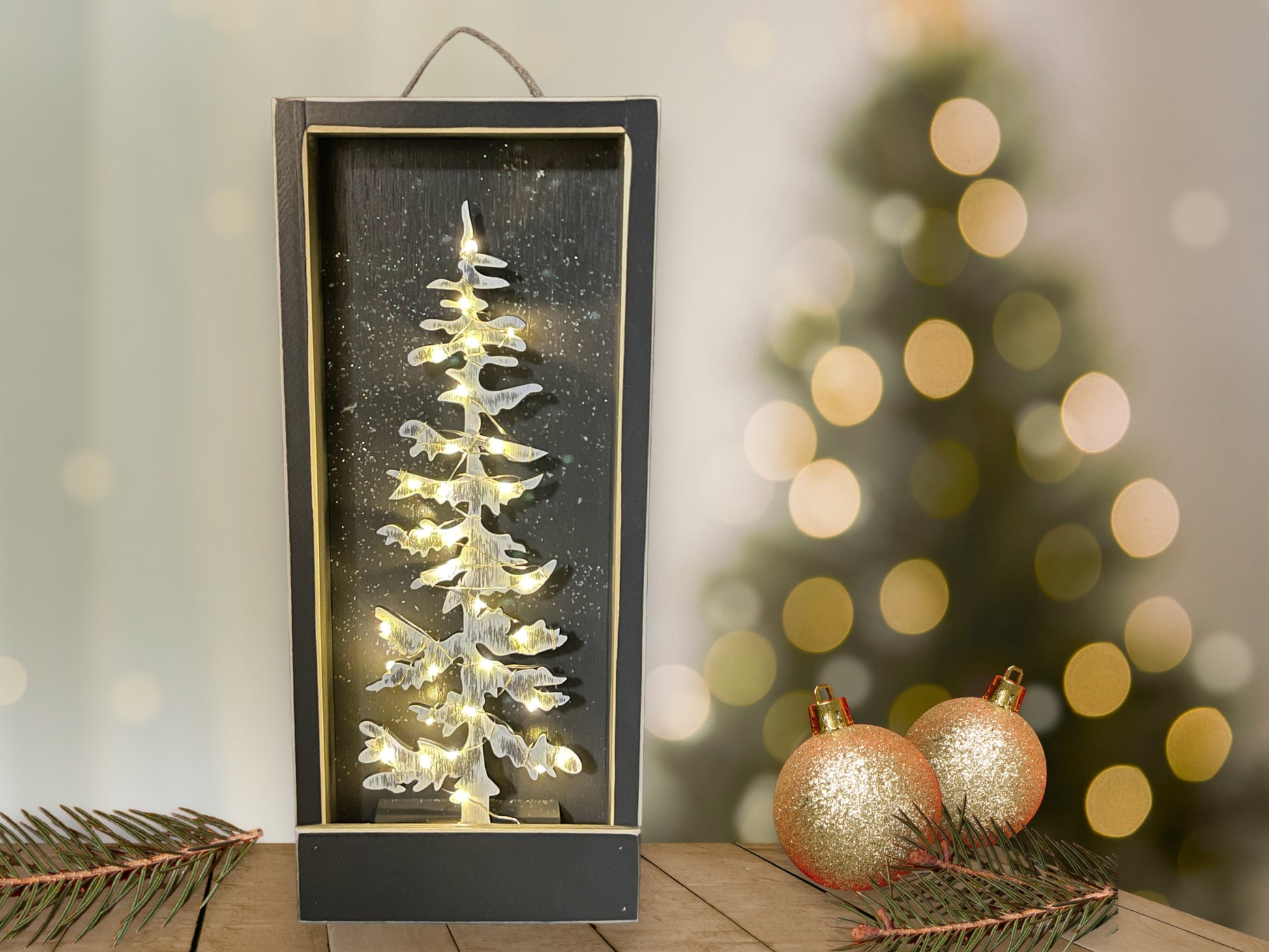 Tree Lighted Framed Wall Decor [Christmas Winter] 8 mode Fairy Lights with Timer [Christmas Winter} Holiday Wood Box [Glitter Snow] 3D - Wooden Hearts Inc