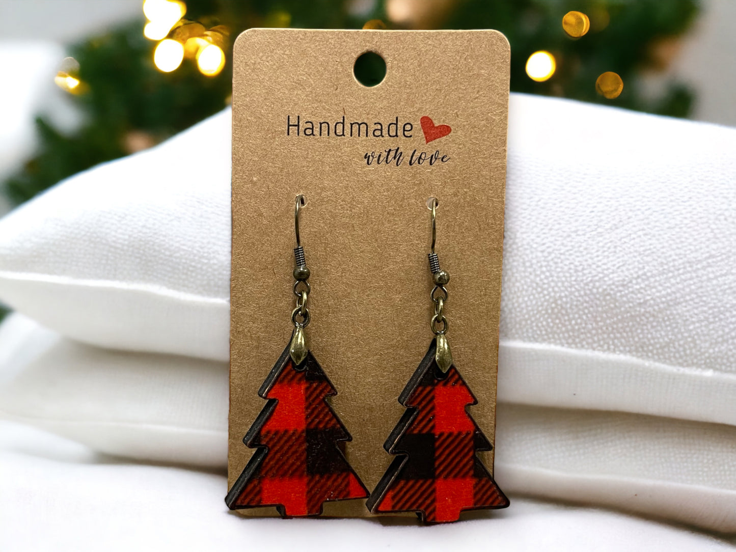 EARRINGS Buffalo Plaid Tree Winter [Red Black] Stainless steel Hypo-Allergenic [ Hanging  Dangle Boho] Light weight Wood Holiday - Wooden Hearts Inc
