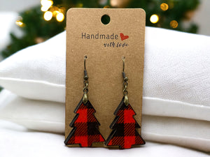 EARRINGS Buffalo Plaid Tree Winter [Red Black] Stainless steel Hypo-Allergenic [ Hanging  Dangle Boho] Light weight Wood Holiday - Wooden Hearts Inc