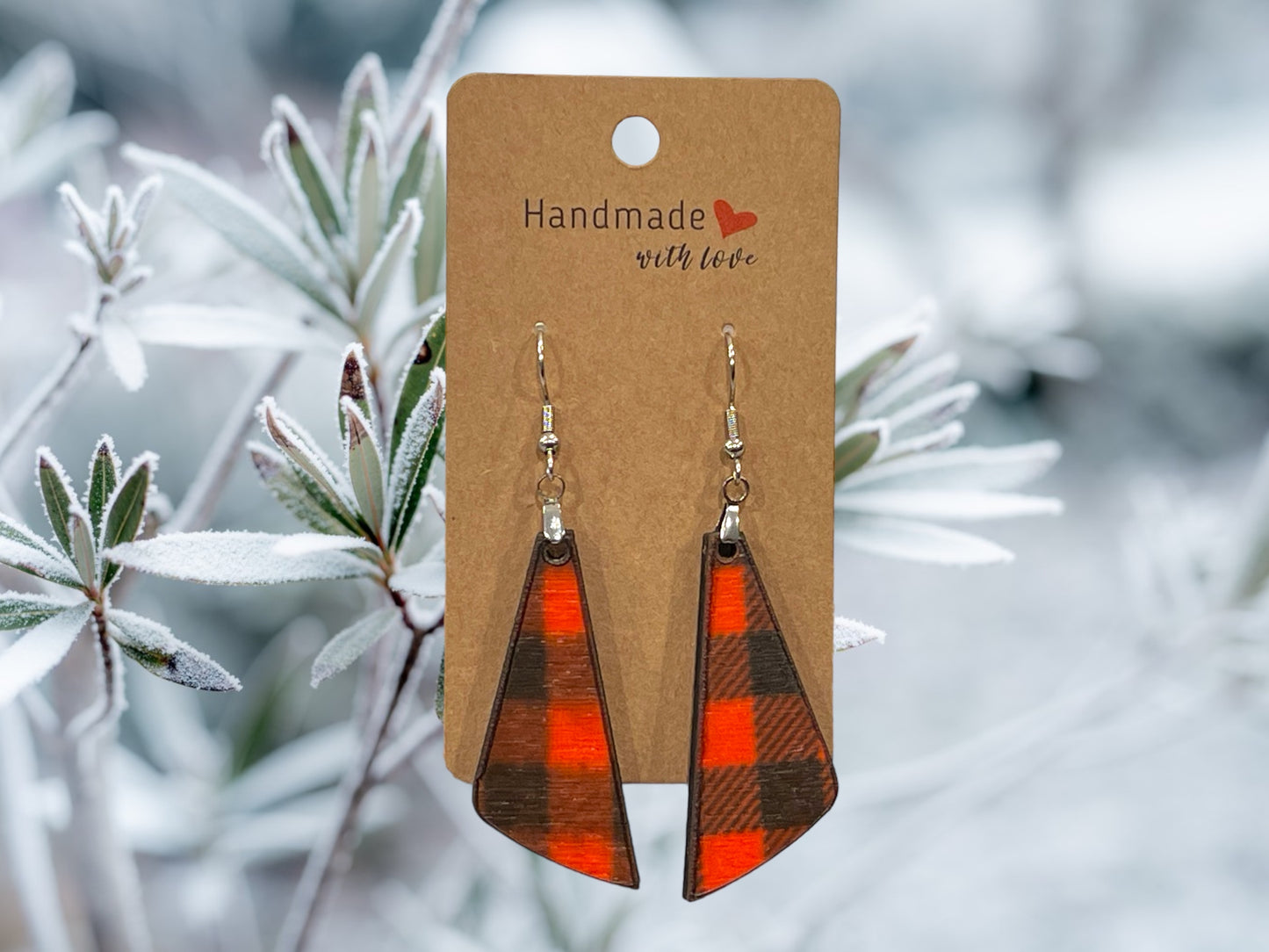 EARRINGS Buffalo Plaid [Red Black] Stainless steel Hypo-Allergenic [ Hanging Teardrop Dangle Boho] Light weight Wood - Wooden Hearts Inc