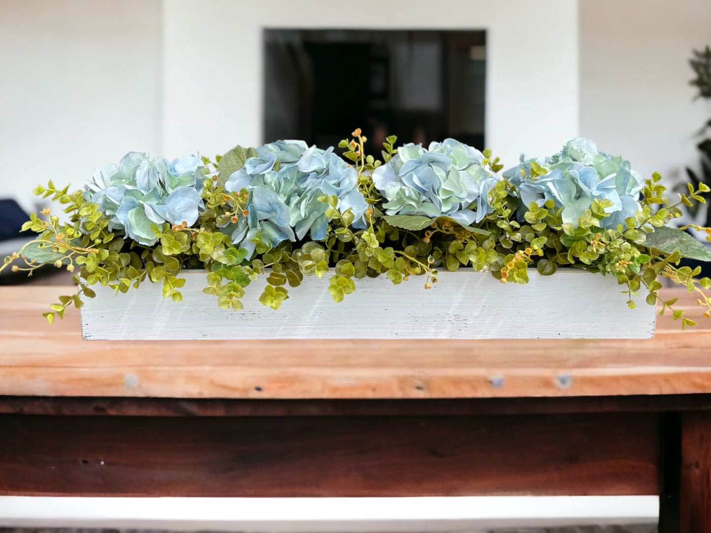 Centerpiece Table Farmhouse  CUSTOM [Kitchen Table Dining room Mantle Coffee Table]Floral Arrangement Hydrangea Boxwood Greenery Planter Box - Wooden Hearts Inc