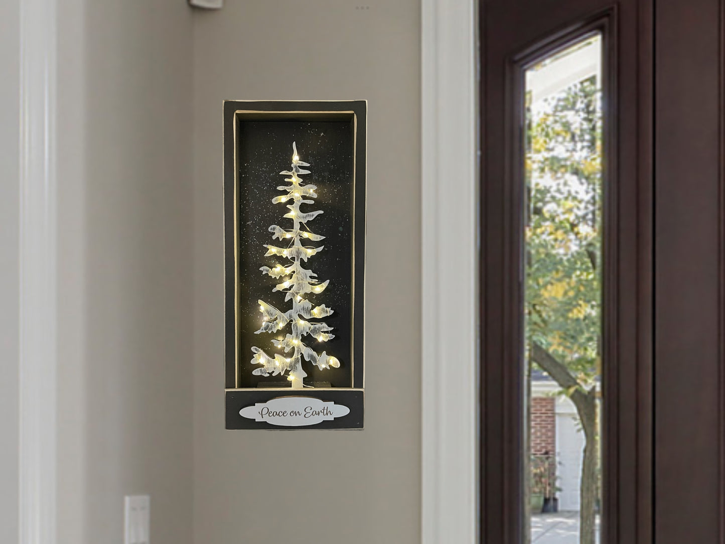 Tree Lighted Framed Wall Decor [Christmas Winter] 8 mode Fairy Lights with Timer [Christmas Winter} Holiday Wood Box [Glitter Snow] 3D - Wooden Hearts Inc
