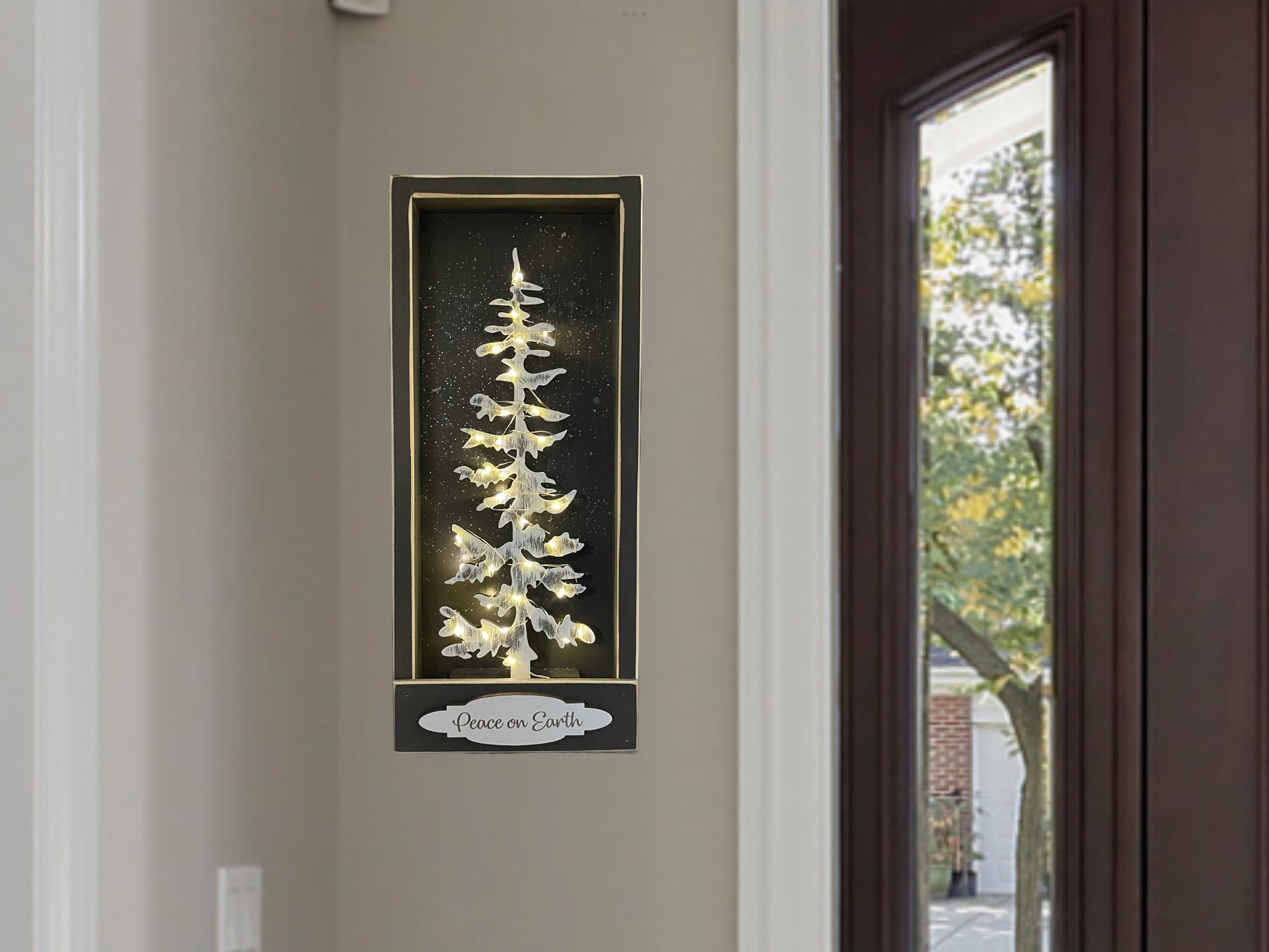 Tree Lighted Framed Wall Decor [Christmas Winter] 8 mode Fairy Lights with Timer [Christmas Winter} Holiday Wood Box [Glitter Snow] 3D - Wooden Hearts Inc