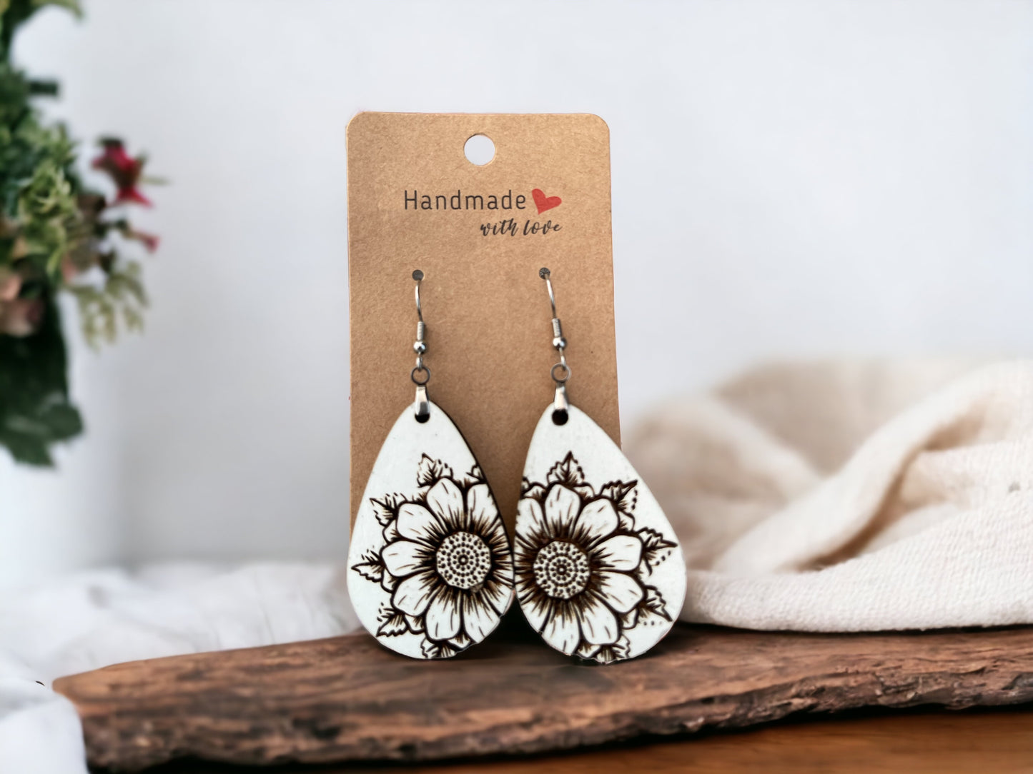 Earrings Wood Engraved Sunflowers White - Wooden Hearts Inc