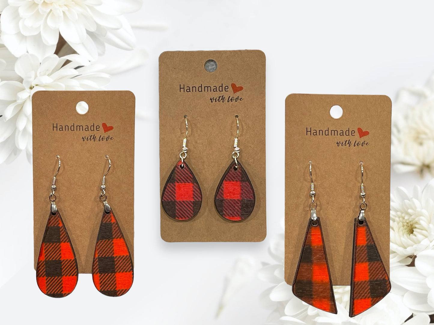 EARRINGS Buffalo Plaid [Red Black] Stainless steel Hypo-Allergenic [ Hanging Teardrop Dangle Boho] Light weight Wood - Wooden Hearts Inc